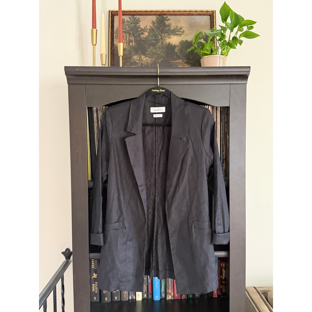 Level99 Linen Blend Herringbone Blazer Medium Black Casual Career Quiet Luxury